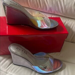 GUESS Holographic Silver Wedge Sandals